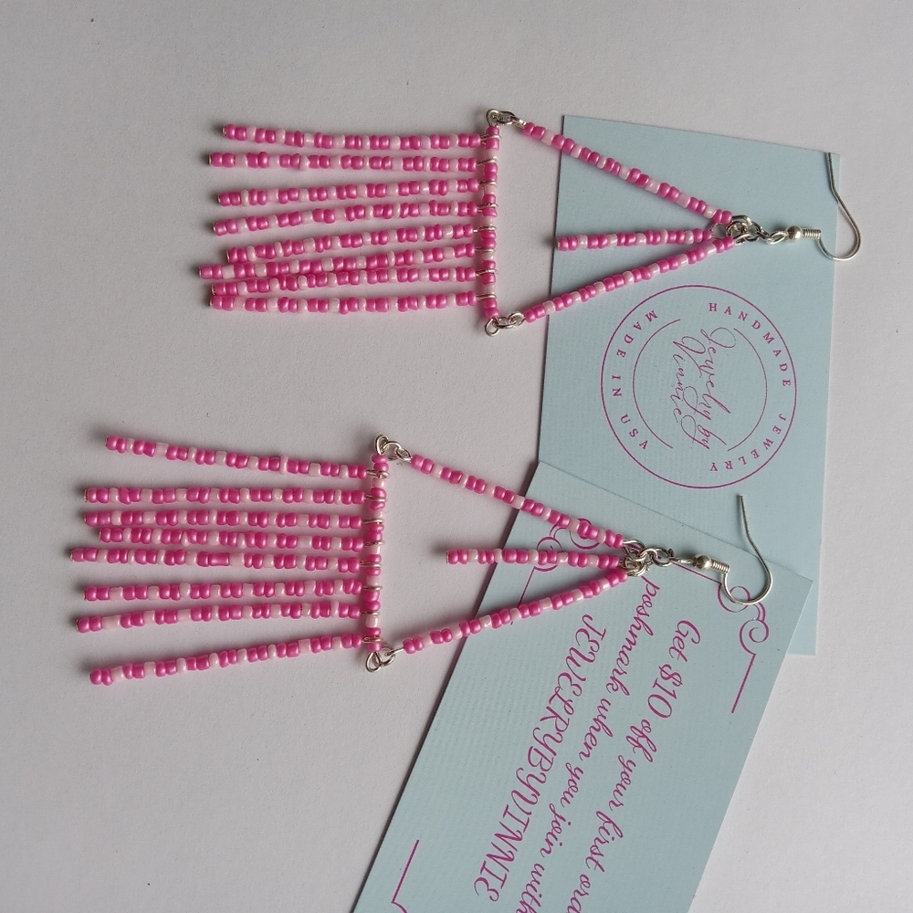 Hand Crafted Pink Beaded Earrings - Picture 2 of 7
